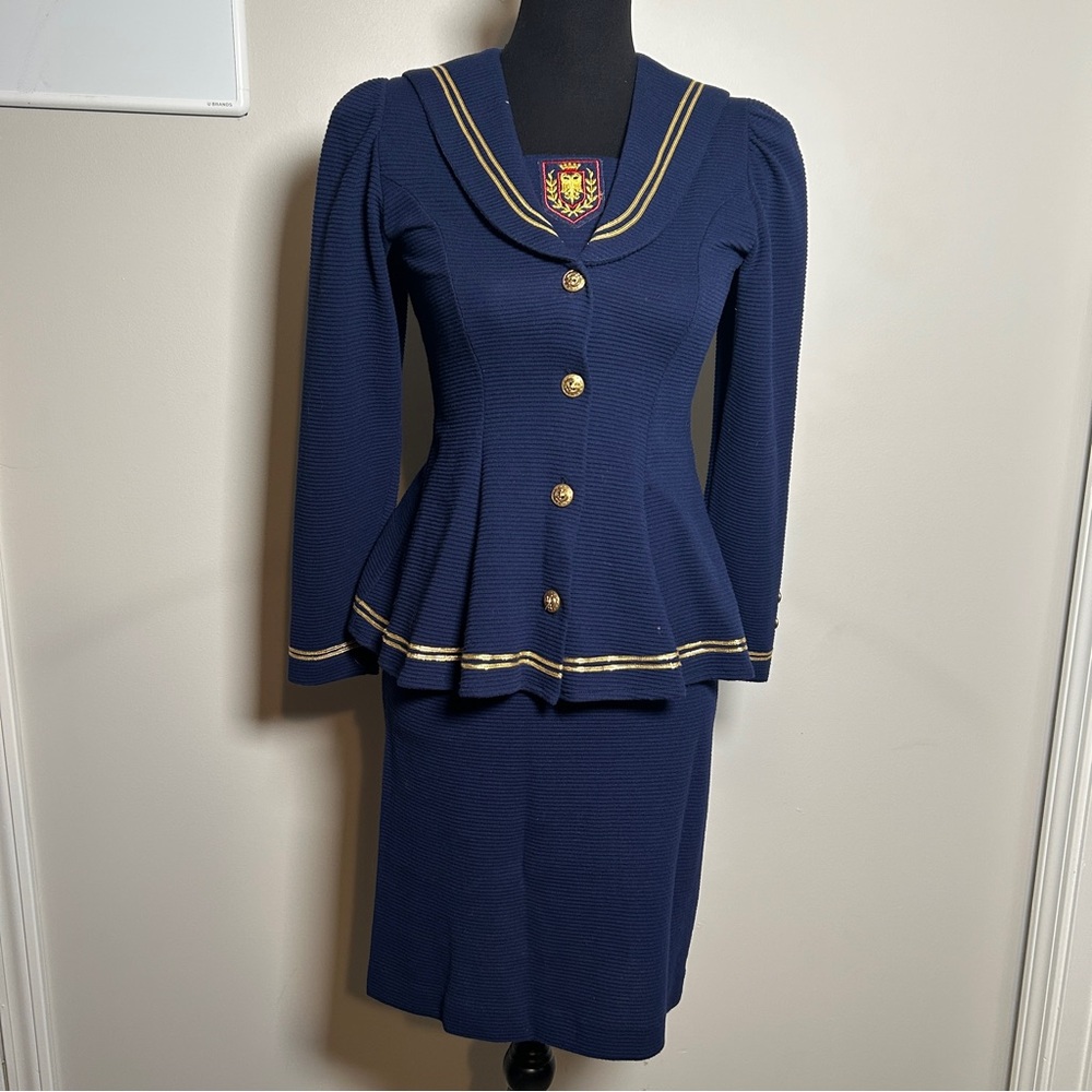 Vintage Sylvia Whyte Sport Navy Peplum Jacket Skirt Suit Gold Trim - Sailor